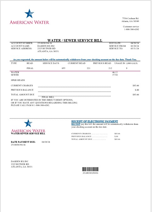 USA Georgia American Water business utility bill template in Word and PDF formats
